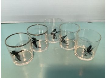 Set Of Five (5) Vintage Silver Rimmed Assorted Game Birds Whiskey Glasses