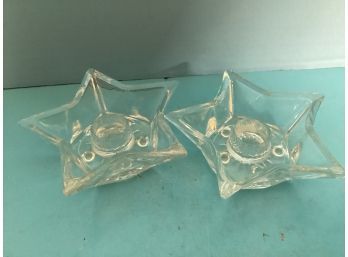 Vintage Pair Clear Glass Five Point Star Candle Holders