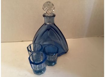 Vintage Blue Liquor Decanter With Three (3) Matching Shot Glasses
