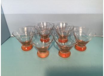 Vintage Set Of Six  (6) Stemless Martini Rocks Glasses Orange Colored Bubble Base