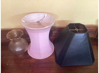Vintage Assorted Lamp Shades:  PInk Silk (?), Amber Glass, And Black Plastic