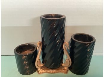 Decorative Set Of Three (3) Votive Black Glass Candle Holders (From Portugal)