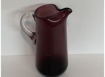 Vintage Amethyst Glass Cocktail Pitcher With Clear Applied Glass Handle  ( 8 1/4 Inches Height)