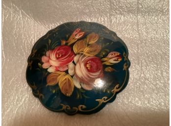 Vintage Round Signed Russian Black Floral Lacquer Pin