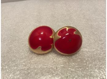Vintage Round Red And Gold Tone Coon Lin Pierced Earrings