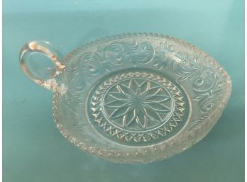 Vintage Duncan Miller (?) Clear Glass Heart Shaped Candy Dish Ring Handle