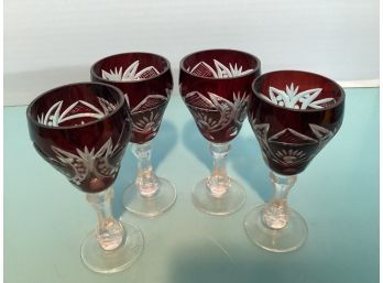 Set Of Four (4) Deep Cut Ruby Red Cordial Glasses