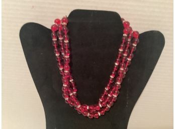 Vintage Triple Strand Red Round Glass Beads And Rhinestones Choker