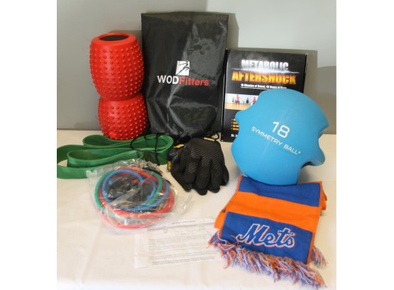 Exercise Lot With Weighted Balls, Stretch Bands, Belt & Gloves, Roller And More