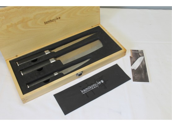 Kamikoto Japanese Honshu Steel Three Piece Knife Set In Finger-jointed Wood Box & COA