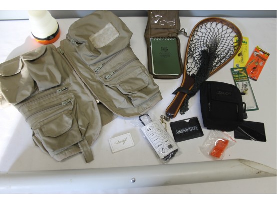 Fishing Lot With Vest, Lures, Brodin Fish Net And More