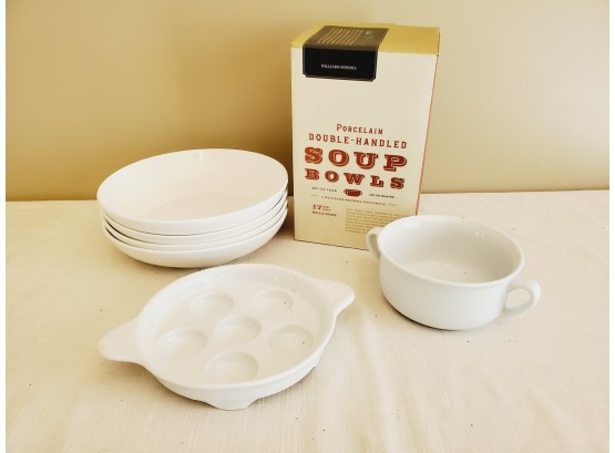 Set Of Four Williams Sonoma Soup Bowls-New, Escargot Dish & Four White Porcelain Soup Bowls