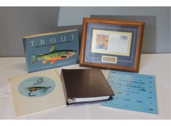 Fishing Related Items With Framed First Day Of Issue Stamp, Fly Fishing And Trout Books & Manuel