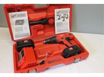 Milwaukee 18 Volt Cordless Drill With Charger, Two Batteries, Instructions & Case