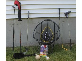 Mixed Outdoor Lot With Golf Clubs, Balls, Clue Game And Portable Skee-Ball Game