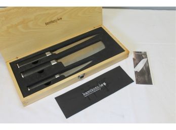 Kamikoto Japanese Honshu Steel Three Piece Knife Set In Finger-jointed Wood Box & COA