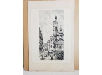 Antique St. Etienne Du Mont Paris Engraving Etching By Aime Dallemagne