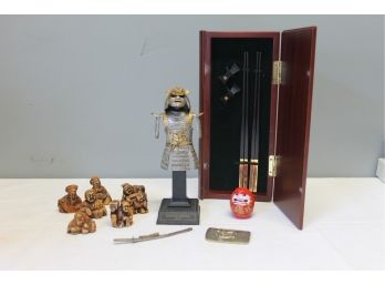 Asian Lot With Boxed Chopsticks, Samurai Statue, Asian Figurines And More