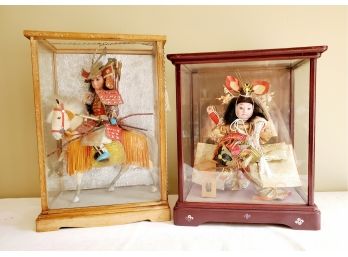 Two Vintage Japanese Dolls In Glass & Wood Display Boxes