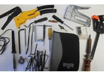 Mixed Tools With Dewalt Riviter, Duluth Picks, Craftsman Stapler, Soldering Irons, Clamp And More