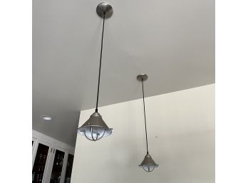 A Pair Of Small Industrial Hanging Pendant Lights