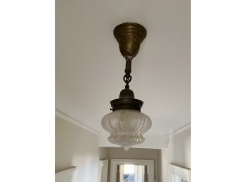 An Antique Brass Pendant Light With Etched Glass Globe - Original To House - 2nd Flr