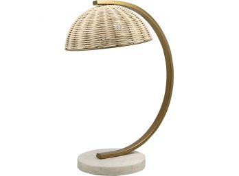 An ARC Desk Lamp White Marble Base And Rattan Shade
