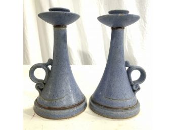 A Pair Of Signed Studio Pottery Candlesticks With Blue Glaze