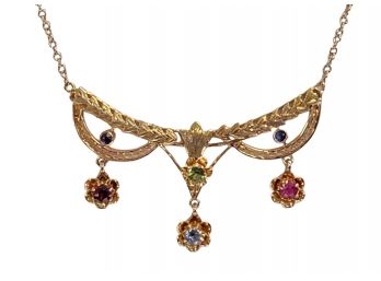 14k Yellow Gold Vintage Multi Stone Necklace ( Sapphires, Blue Topaz, Garnet, Pink Tourmeline, Green Garnet