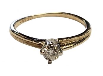 Art Deco Style Diamond Solitaire Engagement Ring With Textured Design On Band 14K Yellow Gold