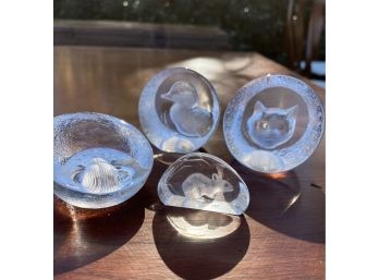 A Set Of 4 Mats Jonasson Crystal Paper Weights With Engraved Images - Signed