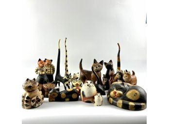 A Collection Of Mostly Carved Wooden Cats - Meow!