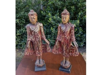A Pair Of Carved Wood Buddha Statues From Thailand - 27' High -