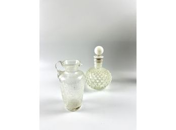 A Fenton Wrisley  Hobnail French Cologne Bottle (Opalescent) And A Small Crackle Glass Pitcher
