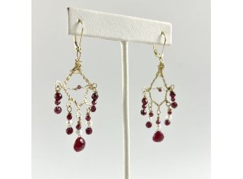 A Pair Of Handcrafted 18K Gold With Rubies And Seed Pearl Chandelier Earrings