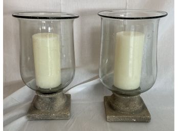 Two Blown Glass Shades With Stone Bases