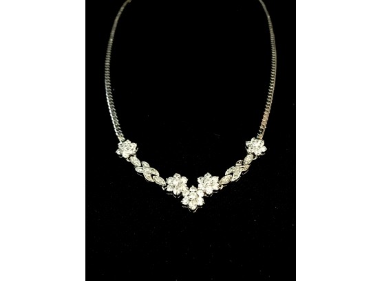 Silver Tone Necklace W/ C2 Encrusted Dainty Floral Center Piece