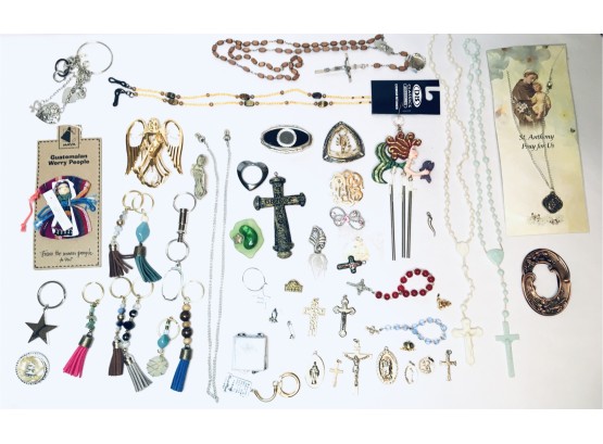 Grouping Of Religious Oddities, Curiosities, And Keychains