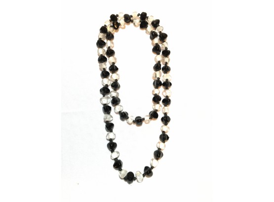 Vintage Hand-knotted Black & White (clear) Glass Bead Necklace