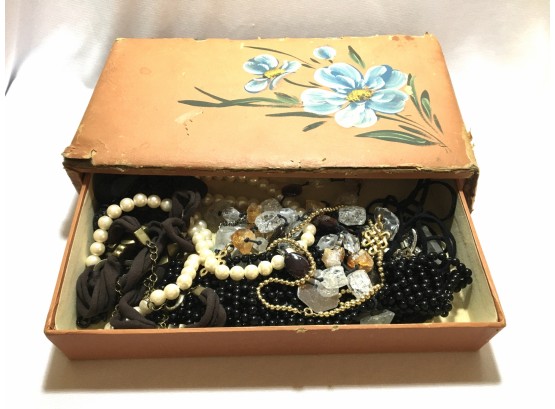 Vintage Hand-painted Leather-wrapped Box Of Estate Jewellery Description