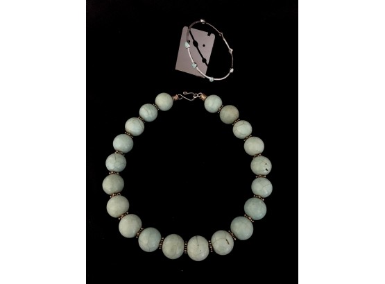 Natural Stone Bead Choker Style Necklace W/ Complimentary Silver Tone Bangle