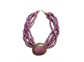 Lovely Multi-strand Purple Bead Necklace W/ Cabochon Pendant