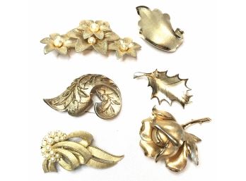Grouping Of Six Designer Signed Vintage Gold Tone Brooches