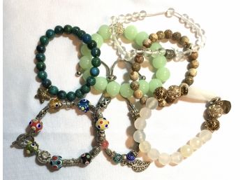 Natural Stone Bead And Glass Bracelet Grouping