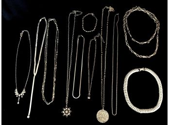 Collection Of ID Silver Tone Necklaces & 1 Bracelet