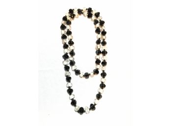 Vintage Hand-knotted Black & White (clear) Glass Bead Necklace