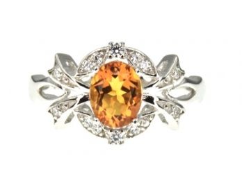 Sterling Silver Ring W/ Natural Citrine Stone Rhodium Plated - Size 6
