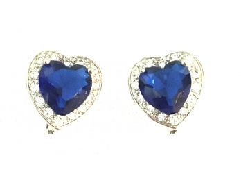 Sterling Silver Heart-Shaped Stud Earrings W/ Deep Blue Stones