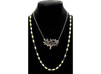 Unique Vintage Figural Tree Pendant And Yellow Bead Necklace