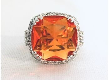 Sterling Silver Over The Top Cocktail Ring W/ Huge Orange Stone